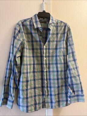 Men's Blue & Green Plaid Button-Down Shirt